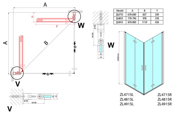 Polysan Polysan, ZOOM štvorcová sprchová zástena 900x900mm, rohový vstup, ZL4915L-02