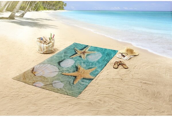 Modrá/béžová zamatová plážová osuška 100x180 cm Beachvibe – Good Morning