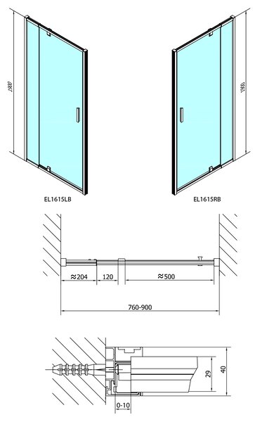 Polysan Polysan, EASY BLACK otočné sprchové dvere 760-900mm, číre sklo, EL1615B