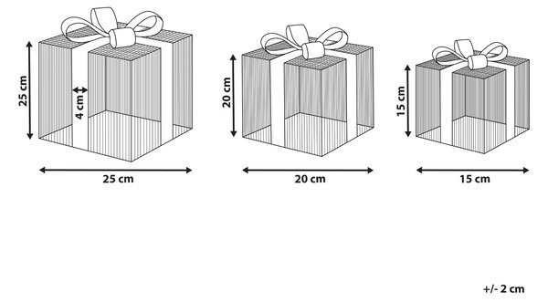 Sada 3 vonkajších LED dekorácií strieborná kovová 25 x 25 x 25 cm bytová vianočná ozdoba darčeky