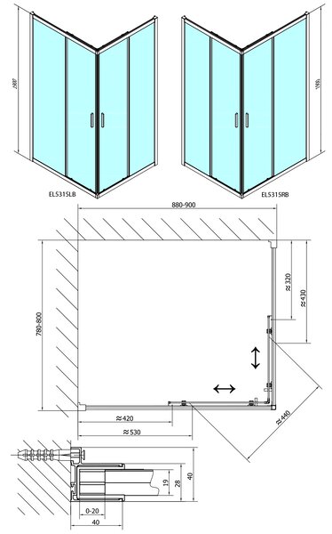 Polysan Polysan, EASY BLACK obdĺžniková sprchová zástena 900x800mm, číre sklo, EL5315B