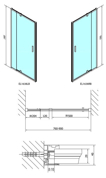 Polysan Polysan, EASY BLACK otočné sprchové dvere 760-900mm, sklo Brick, EL1638B