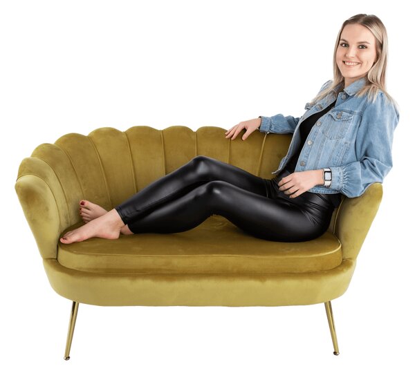 KONDELA Lavica v štýle Art-deco, horčicová Velvet látka/gold chróm-zlatý, NOBLIN