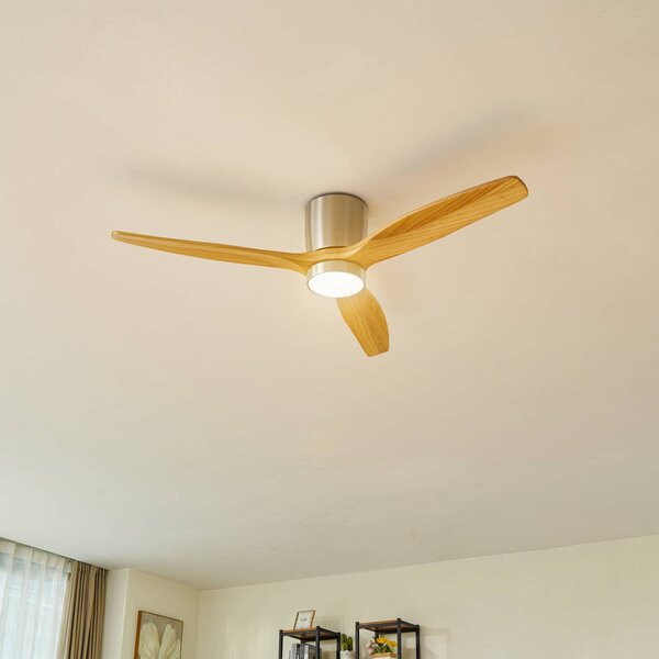 Lucande LED stropný ventilátor Faipari, nikl, DC, tichý, 132 cm, Hliník / sivá / zinok, Obývacia izba / jedáleň, Drevo, Moderný