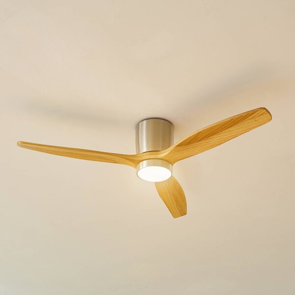 Lucande LED stropný ventilátor Faipari, nikl, DC, tichý, 132 cm, Hliník / sivá / zinok, Obývacia izba / jedáleň, Drevo, Moderný