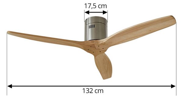Lucande Stropný ventilátor Vindur, nikl, DC, tichý, Svetlé drevo, Obývacia izba / jedáleň, Drevo, Moderný
