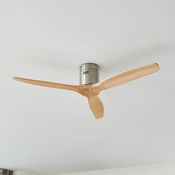 Lucande Stropný ventilátor Vindur, nikl, DC, tichý, Svetlé drevo, Obývacia izba / jedáleň, Drevo, Moderný