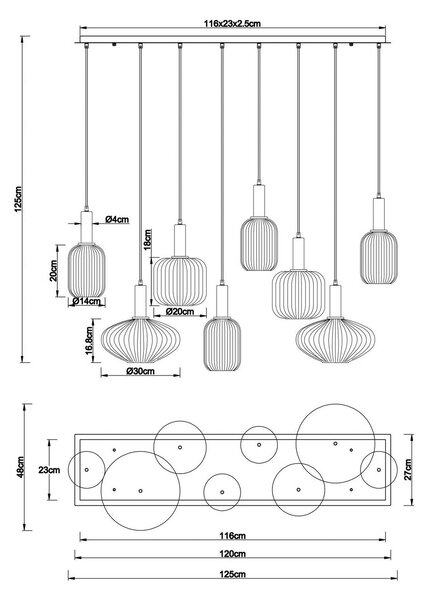Závesné svietidlo Normy, dĺžka 125 cm, farebné, sklo, 8 svetiel., Viacfarebné, Obývacia izba / jedáleň, Sklo, Závesné svietidlo