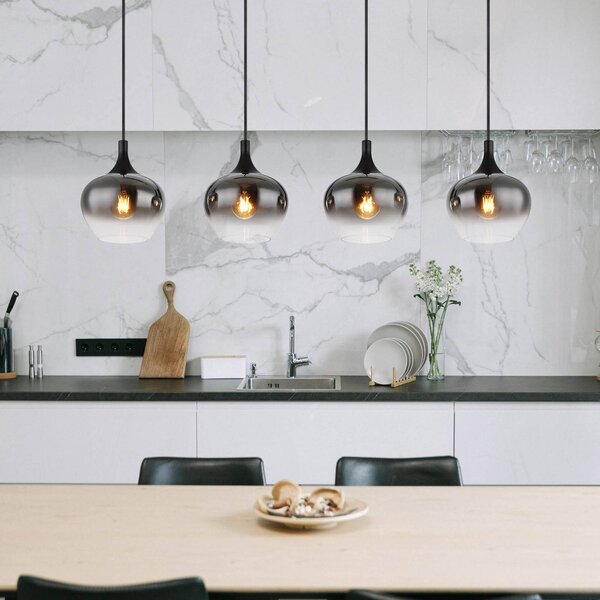 Závesná lampa Maxy, dĺžka 100 cm, dymovo sivá, sklo, 4 svetlá., Hliník / sivá / zinok, Obývacia izba / jedáleň, Sklo, Závesné svietidlo