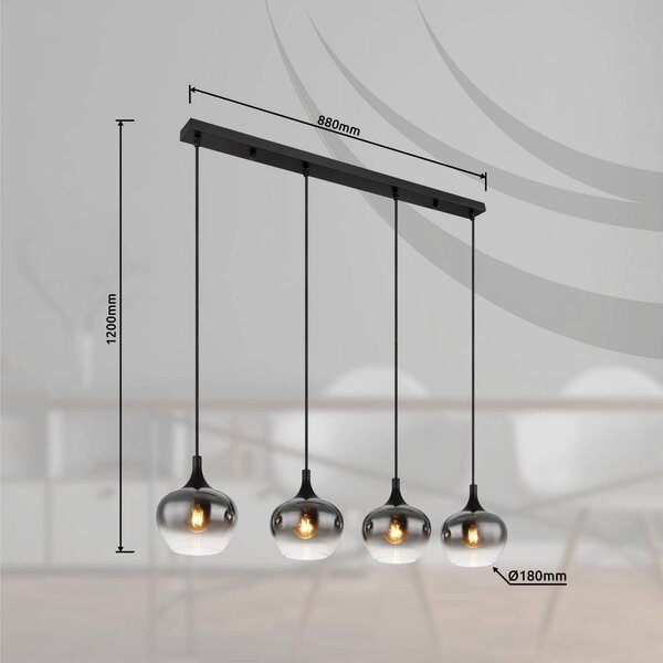 Závesná lampa Maxy, dĺžka 100 cm, dymovo sivá, sklo, 4 svetlá., Hliník / sivá / zinok, Obývacia izba / jedáleň, Sklo, Závesné svietidlo