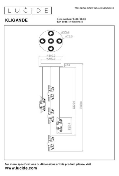 Lucide L134963630 LED závesné stropné svietidlo KLIGANDE | 5x8W integrovaný LED zdroj | 5x520lm | 2700K
