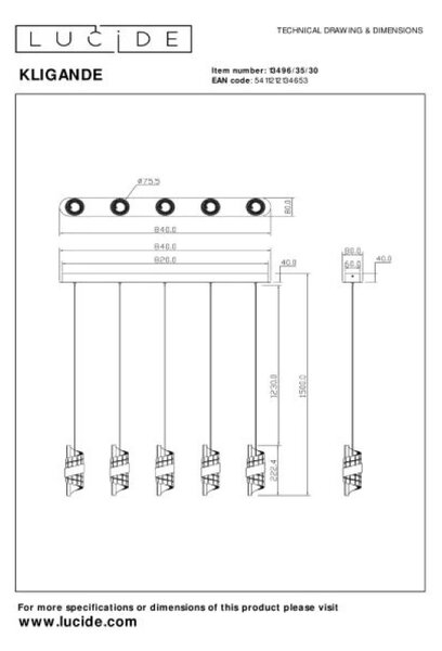 Lucide L134963530 LED závesné stropné svietidlo KLIGANDE | 5x7,8W integrovaný LED zdroj | 5x620lm | 2700K