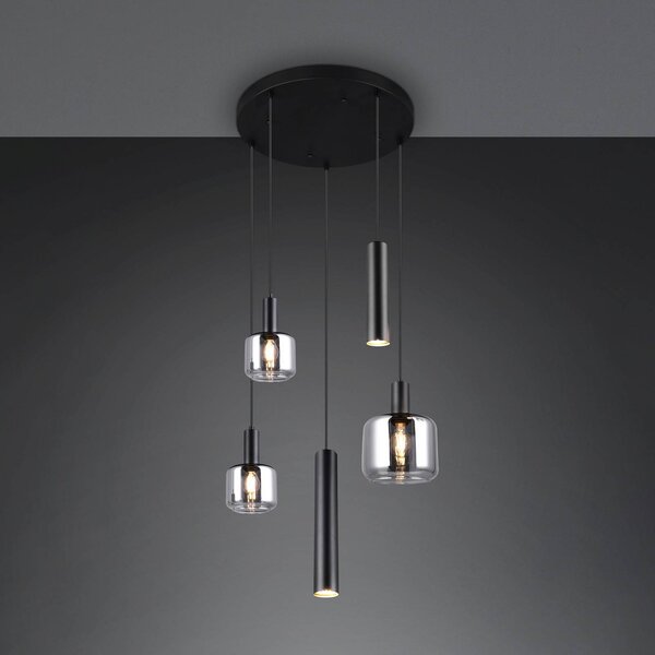 Trio Lighting Závesné svietidlo Mataro, chróm/čierna, Ø 55 cm 5 svetiel sklo/kov, Chrómová / strieborná, Obývacia izba / jedáleň, Sklo, Moderný, Závesné svietidlo