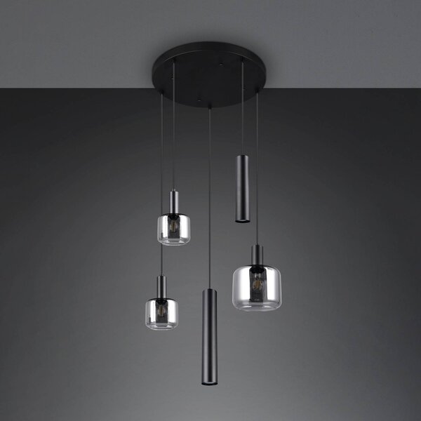 Trio Lighting Závesné svietidlo Mataro, chróm/čierna, Ø 55 cm 5 svetiel sklo/kov, Chrómová / strieborná, Obývacia izba / jedáleň, Sklo, Moderný, Závesné svietidlo