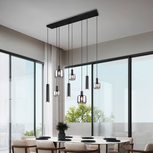Závesná lampa Mataro, chróm/čierna, 118 cm, 8 svetiel, sklo/kov, Chrómová / strieborná, Obývacia izba / jedáleň, Sklo, Moderný, Závesné svietidlo