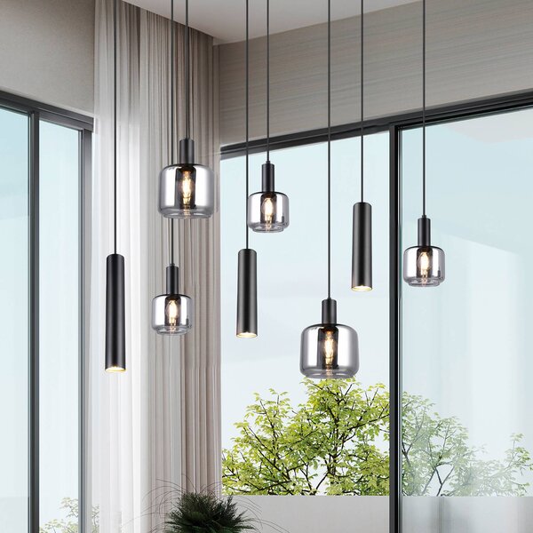 Závesná lampa Mataro, chróm/čierna, 118 cm, 8 svetiel, sklo/kov, Chrómová / strieborná, Obývacia izba / jedáleň, Sklo, Moderný, Závesné svietidlo