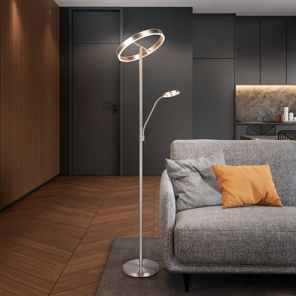 LED stojacia lampa Willis, nikel, výška 180 cm, kovový stmievač, Hliník / sivá / zinok, Obývacia izba / jedáleň, kov, Moderný, Zemné bodové svetlo