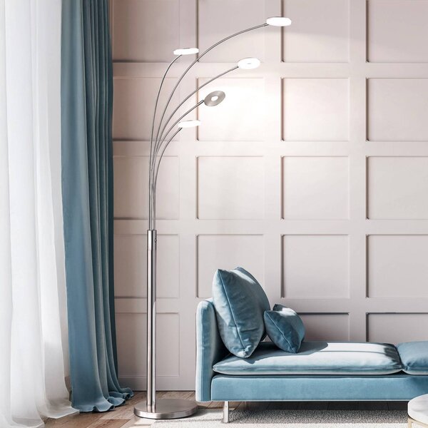 FISCHER & HONSEL LED stojaca lampa Dent, nikl/chróm, 225 cm, kov, 5-pl., Hliník / sivá / zinok, Obývacia izba / jedáleň, kov, Moderný, Stolová lampa