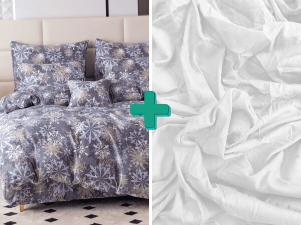 Sada 2ks obliečok z mikrovlákna SNOWFLAKE modrosivé + plachta Jersey 180x200cm biela, dvojlôžko
