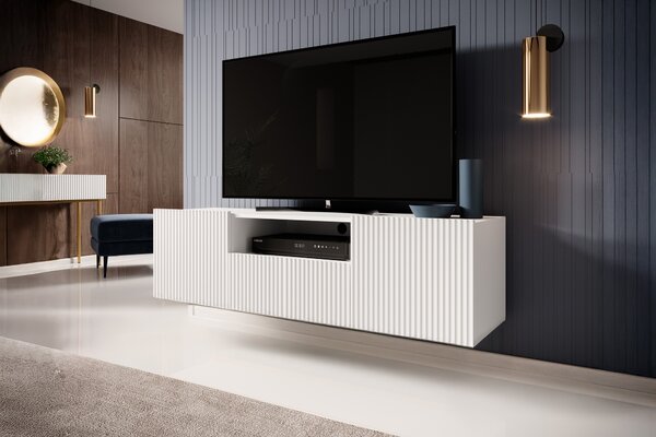 Závesný TV stolík Nicole 150 cm s otvorenou policou - biely mat