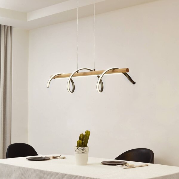 Lindby LED závesné svetlo Spiraali, čierna farba, drevo, dĺžka 95 cm, Čierna, Obývacia izba / jedáleň, Hliník, Vidiecky / Rustikálny