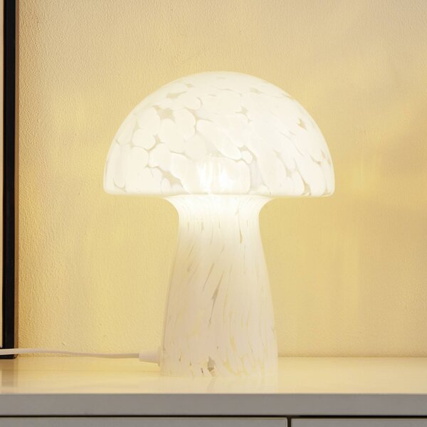 Stolná lampa Lindby Hubi, biela, sklo, Ø 22 cm, tvar hríbu, Biela / opálová, Obývacia izba / jedáleň, Sklo, Moderný, Stojacie svietidlo