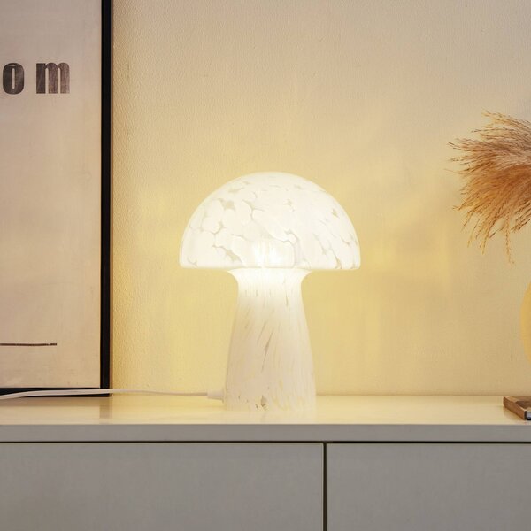 Stolná lampa Lindby Hubi, biela, sklo, Ø 22 cm, tvar hríbu, Biela / opálová, Obývacia izba / jedáleň, Sklo, Moderný, Stojacie svietidlo