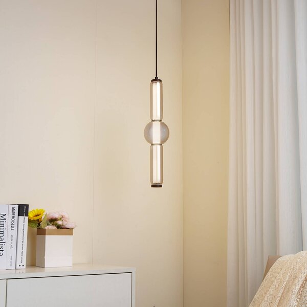 Lucande LED závesné svietidlo Savete, dymová sivá, sklo, Ø 12 cm, Hliník / sivá / zinok, Obývacia izba / jedáleň, Sklo, Moderný, Závesné svietidlo