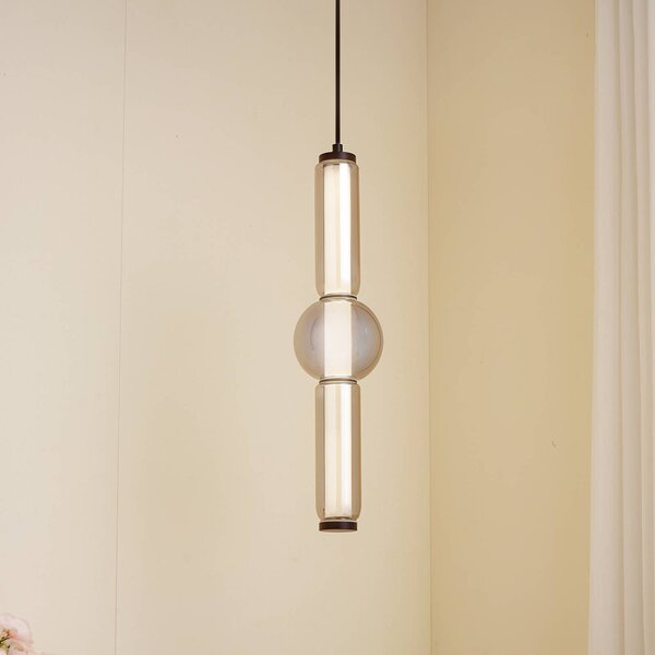 Lucande LED závesné svietidlo Savete, dymová sivá, sklo, Ø 12 cm, Hliník / sivá / zinok, Obývacia izba / jedáleň, Sklo, Moderný, Závesné svietidlo