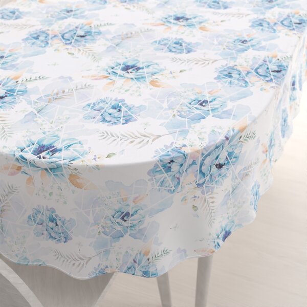 Biante Teflónový oválny obrus TF-087 Modré kvety na geometrickom bielom 50x100 cm