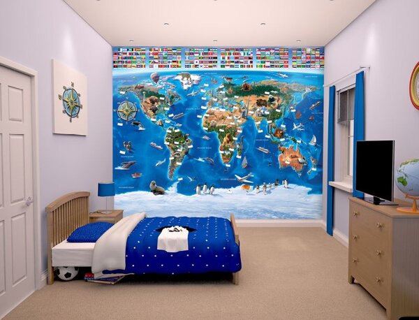 Walltastic 3D tapeta na stenu Mapa sveta - 244x305cm Rozmer: 244cm x 305cm