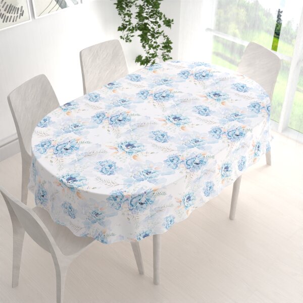 Biante Teflónový oválny obrus TF-087 Modré kvety na geometrickom bielom 50x100 cm