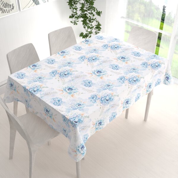 Biante Teflónový obdĺžnikový obrus TF-087 Modré kvety na geometrickom bielom 50x100 cm
