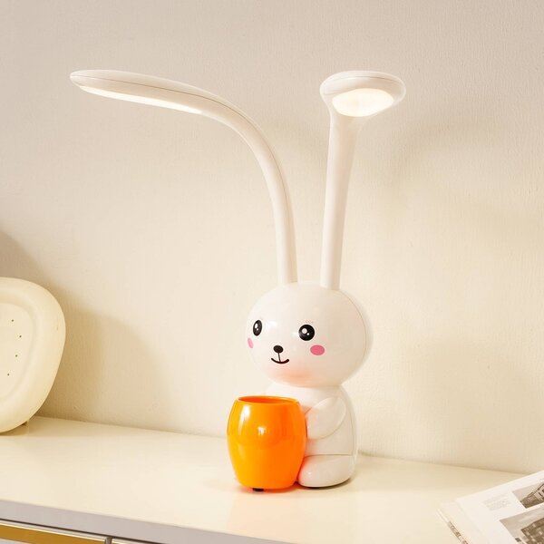 Stolná LED lampa Lindby Haas, béžová, plast, výška 39 cm, Krémová / jantárovo žltá, Detská izba, Plast, Štýl mladých