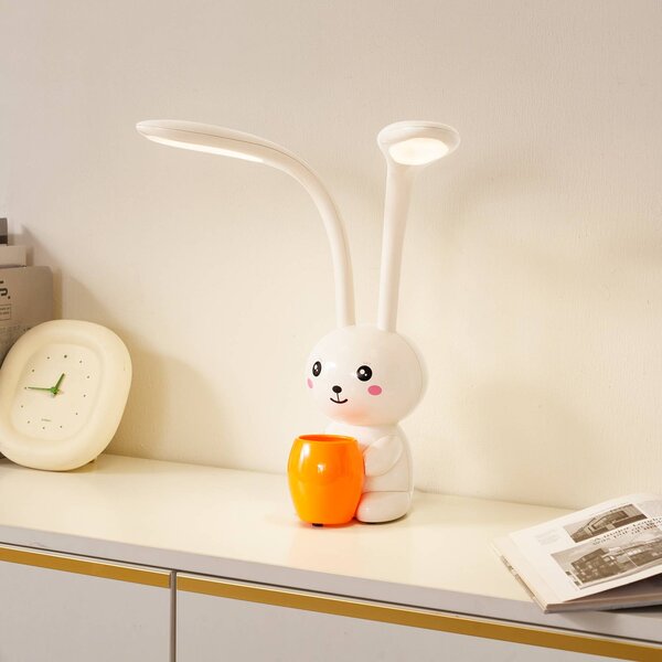 Stolná LED lampa Lindby Haas, béžová, plast, výška 39 cm, Krémová / jantárovo žltá, Detská izba, Plast, Štýl mladých