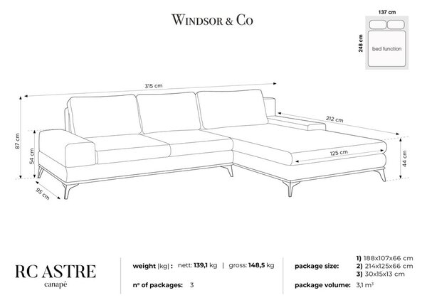 Sivá rozkladacia rohová pohovka so zamatovým poťahom Windsor & Co Sofas Astre, ľavý roh