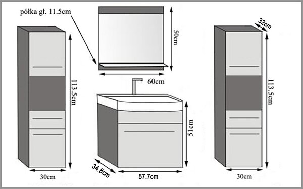 Kúpeľňový nábytok skrinky s umývadlom a zrkadlom sivá antracit grafit ROD PRIMO M 6/0/W/SR/0/ZINC