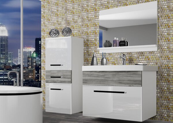 Kúpeľňový nábytok Belini biely lesk / šedý antracit Glamour Wood + umývadlo + zrkadlo ROD