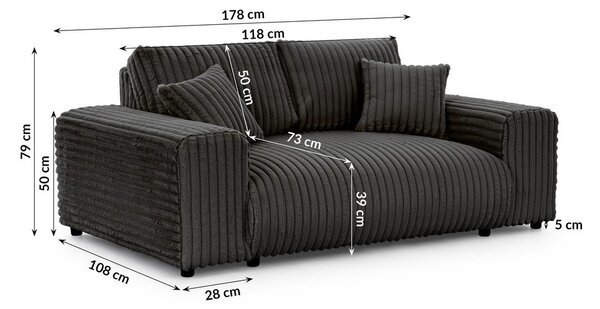 Tmavosivá menčestrová pohovka 178 cm Justin – Ropez