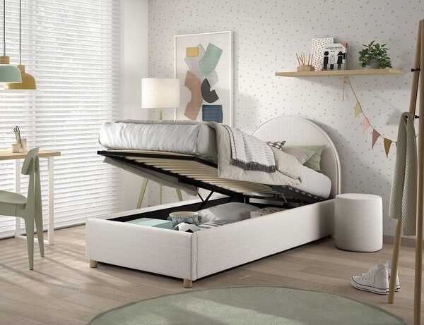 Biela čalúnená jednolôžková posteľ s úložným priestorom s roštom 90x200 cm Moon – Vipack
