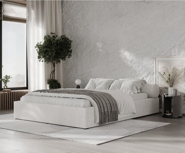 Krémová čalúnená dvojlôžková posteľ s úložným priestorom s roštom 160x200 cm Solvo – Maison de Rêve