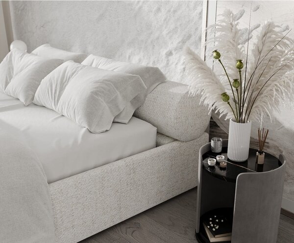 Krémová čalúnená dvojlôžková posteľ s úložným priestorom s roštom 160x200 cm Solvo – Maison de Rêve