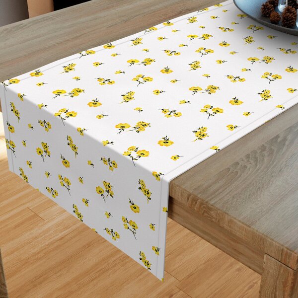 Goldea behúň na stôl 100% bavlnené plátno - žlté kvety na bielom 35x140 cm