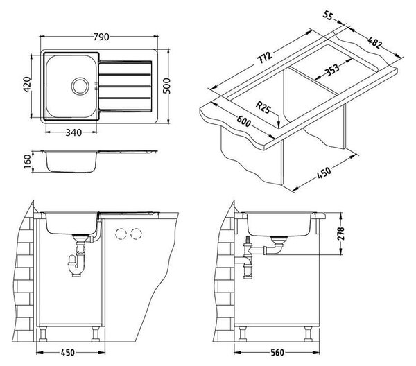 Alveus LINE MAX 80 SAT 1136608 - Drez nerezový 790x500mm, vanička 340x420x190mm,leštený