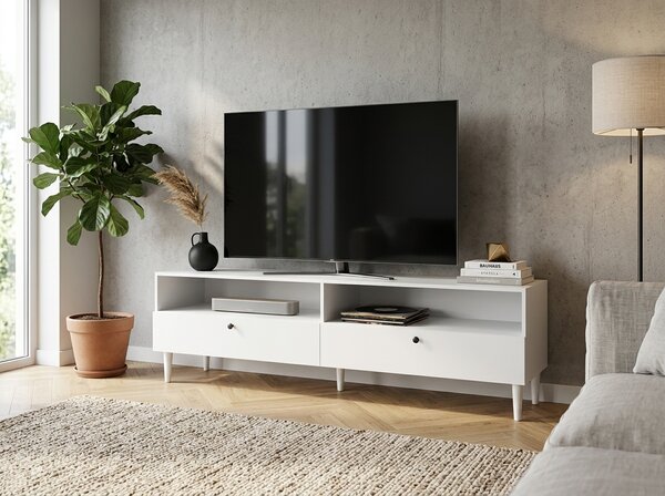 TV stolík s policou a skrinkami DULLUM 200x58cm, biely