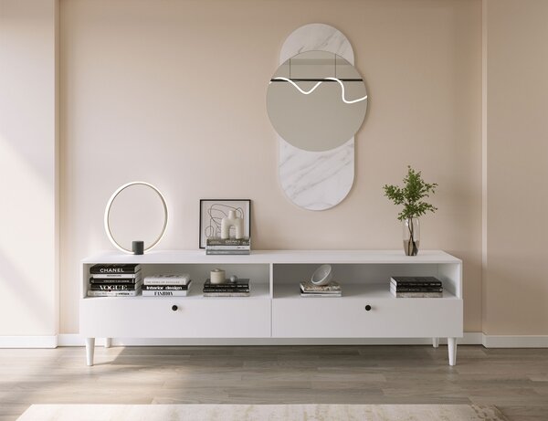TV stolík s policou a skrinkami DULLUM 200x58cm, biely
