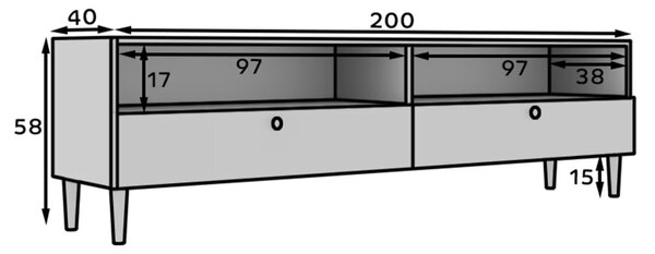 TV stolík s policou a skrinkami DULLUM 200x58cm, biely