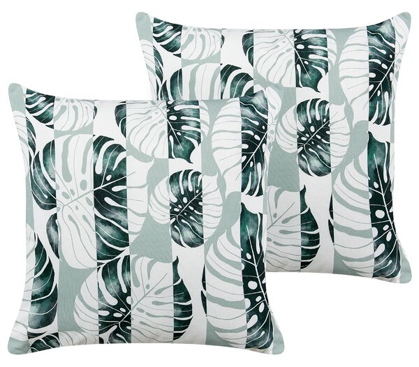Sada 2 záhradných dekoratívnych vankúšov zelená so vzorom listov polyester 45 x 45 cm moderné vodoodolné vankúše