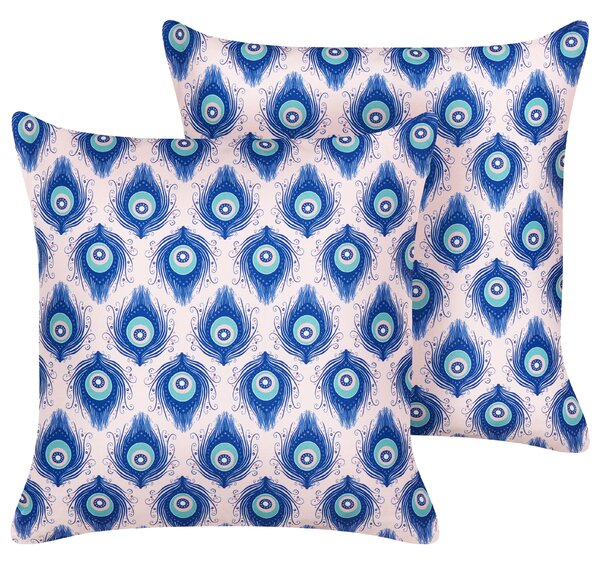 Sada 2 záhradných vankúšov modrá a ružová so vzorom pávieho peria polyester 45 x 45 cm moderné vodoodolné vankúše