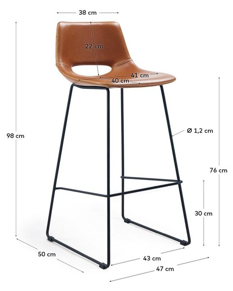 Koňakovohnedá barová stolička z imitácie kože (výška sedadla 76 cm) Zahara – Kave Home